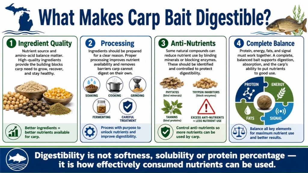 Infographic explaining ingredient quality, processing, anti-nutritional factors and balanced formulation in carp bait digestibility.