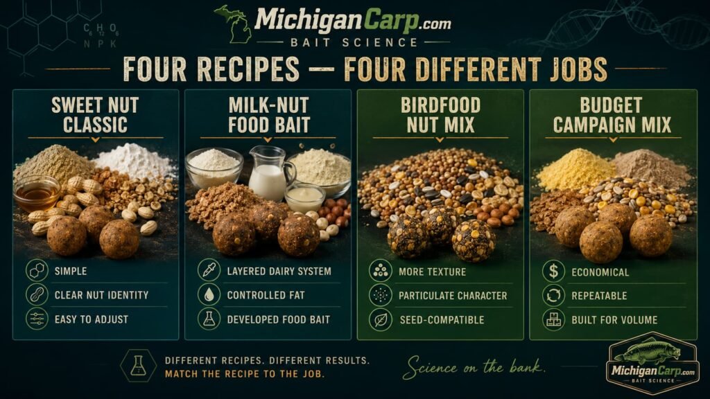 Comparison of four nut boilie recipes including sweet nut, milk nut, birdfood nut and budget campaign formulas