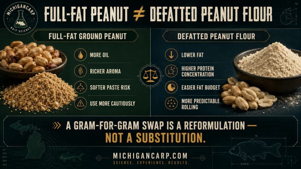 Full-fat ground peanut compared with defatted peanut flour for nut boilie recipes