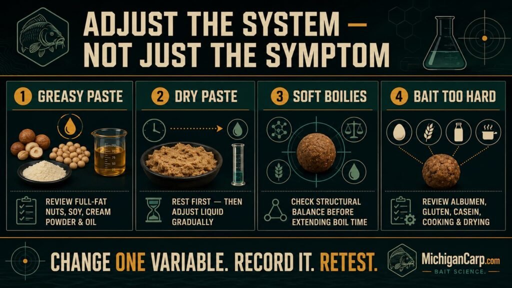 Nut boilie adjustment guide for greasy paste, dry dough, soft boilies and excessively hard bait