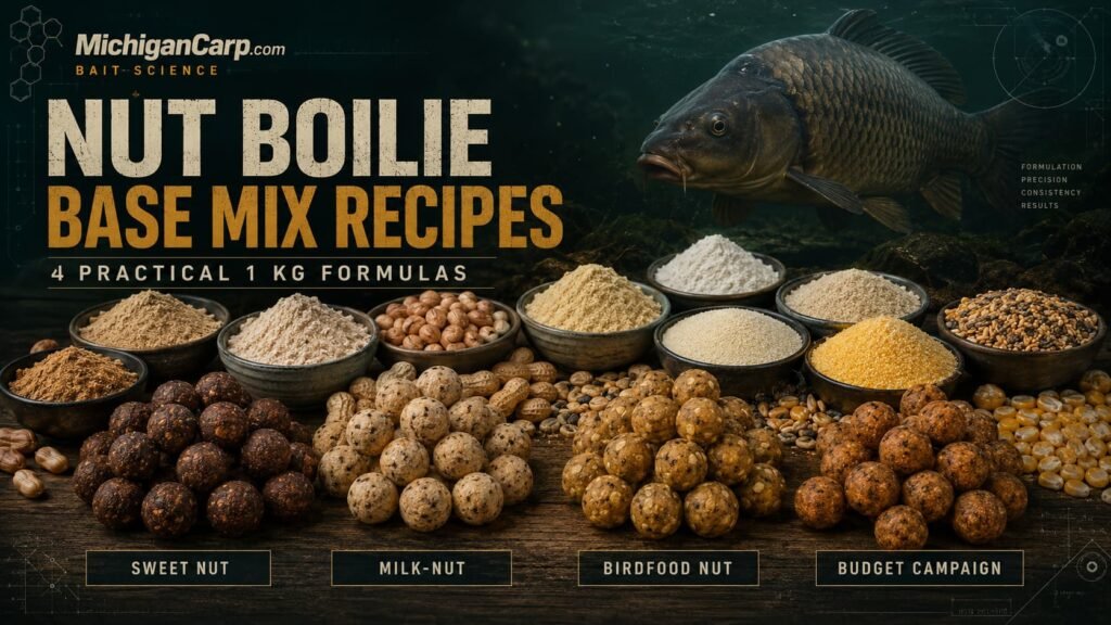 Nut boilie base mix recipes with tiger nut flour, peanut flour, milk ingredients, birdfood and finished carp boilies
