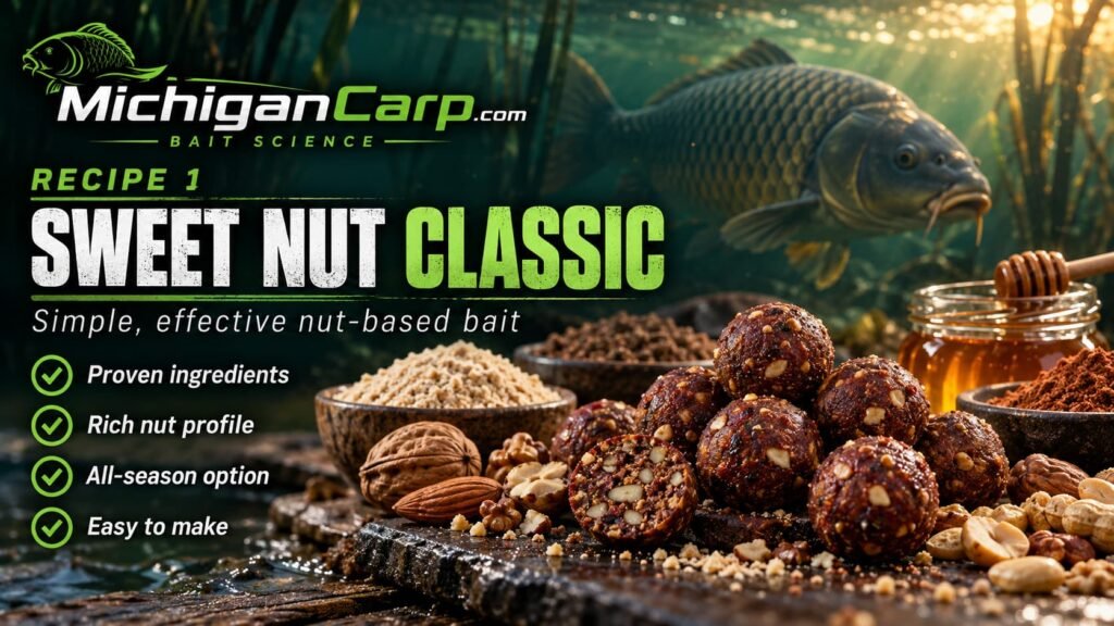 Sweet Nut Classic boilies with nut flours, peanuts and other nut ingredients for a simple 1 kg nut boilie base mix.