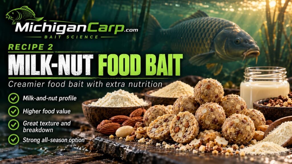 Milk-Nut Food Bait boilies with milk powders, tiger nut and peanut ingredients for a 1 kg milk-nut boilie base mix.