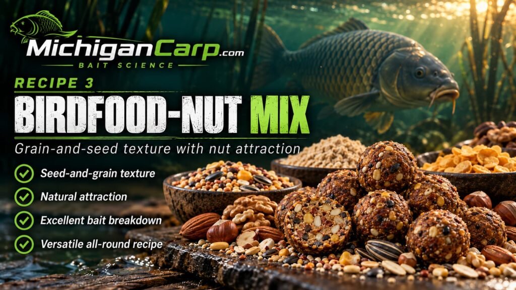 North American Birdfood-Nut Mix boilies with seeds, grains and nut ingredients for a textured 1 kg boilie base mix.