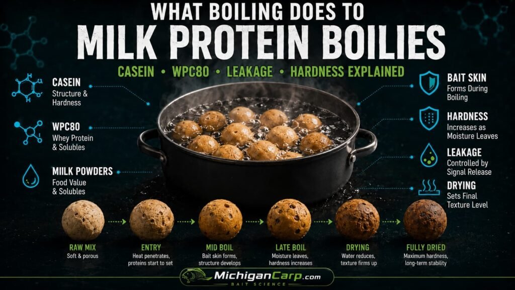 What boiling does to milk protein boilies showing casein WPC80 milk powders boiling pan bait skin hardness leakage and drying