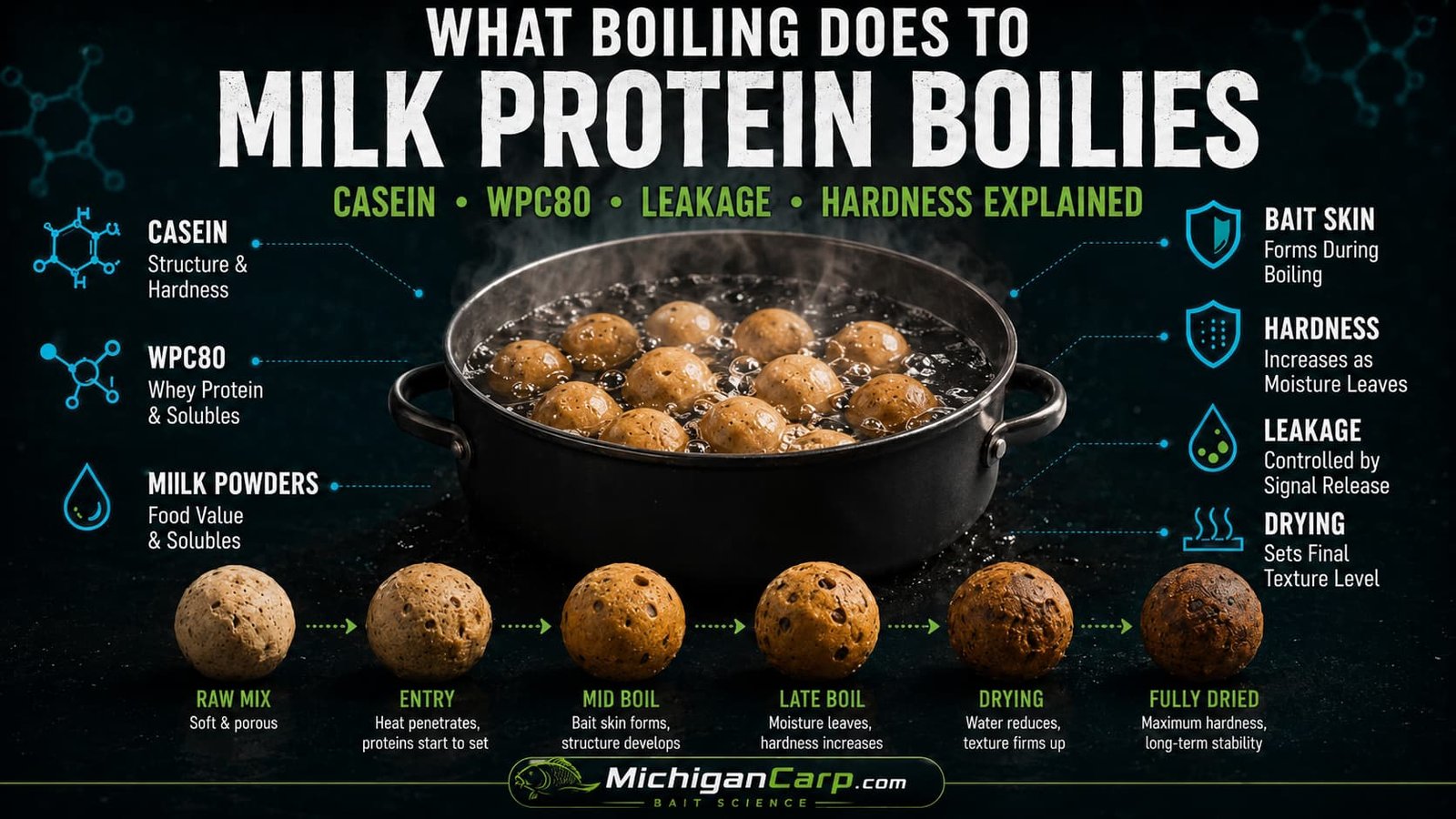 What boiling does to milk protein boilies showing casein WPC80 milk powders boiling pan bait skin hardness leakage and drying