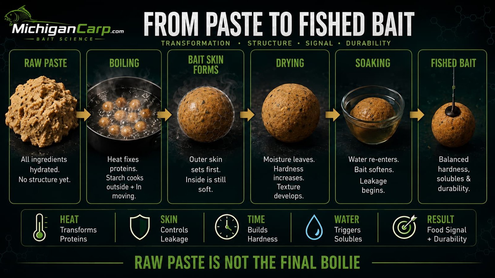 Boiling transformation diagram for milk protein boilies showing raw paste boiling bait skin drying soaking leakage and finished bait