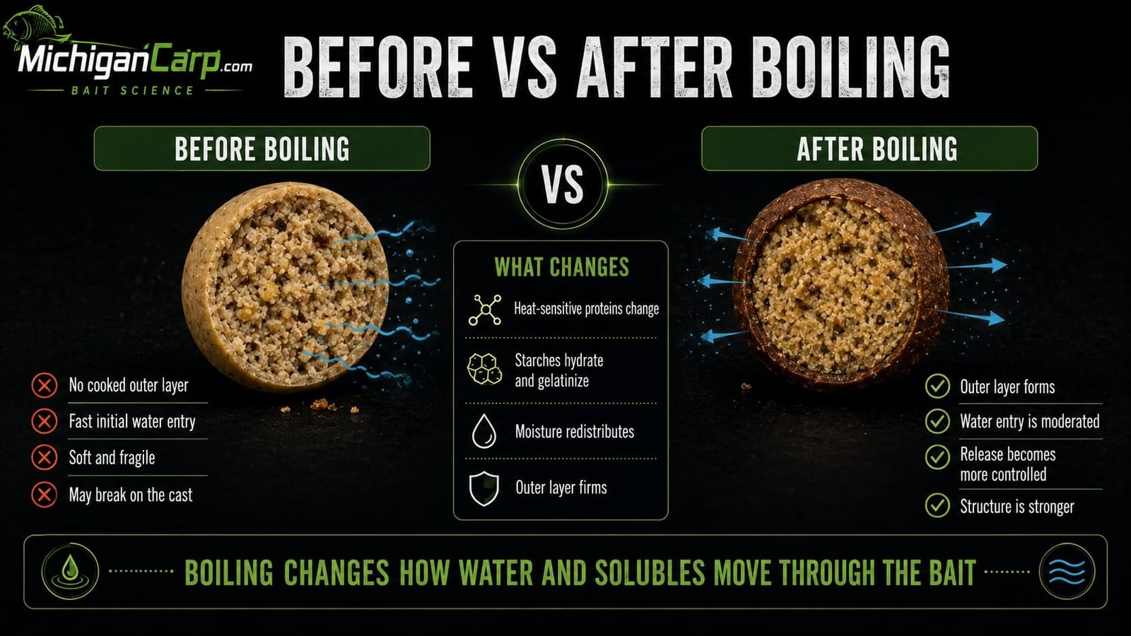 Before and after boiling leakage diagram for milk protein boilies showing soluble loss bait skin water movement and controlled leakage