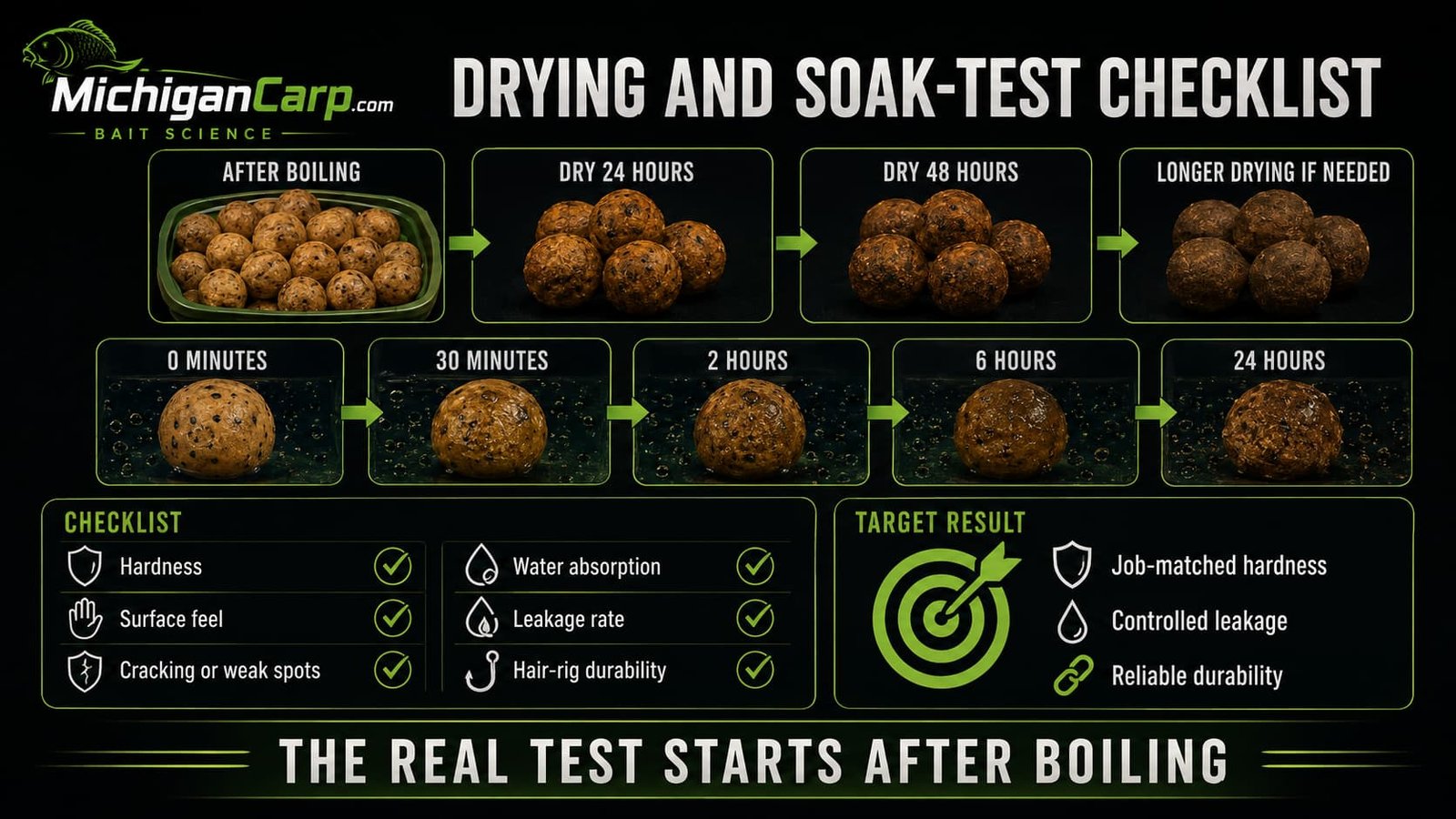 Milk protein boilie drying and soak test checklist showing 24 hour drying 48 hour drying soak test hardness leakage cracking and hair rig durability