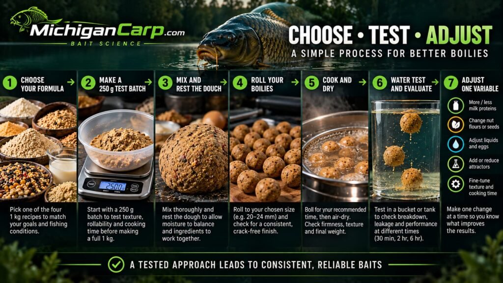 Choose, test and adjust boilie development process from 250 g test batch through rolling, cooking, water testing and one-variable adjustments.