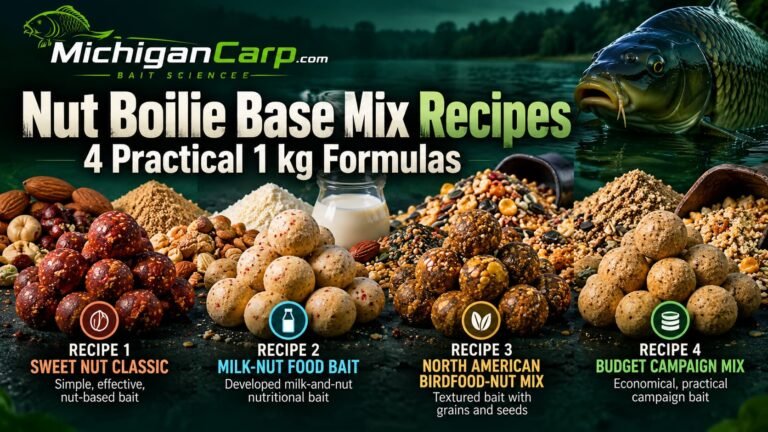 Nut boilie base mix recipes showing four practical 1 kg formulas: sweet nut, milk-nut, birdfood-nut and budget campaign mixes.