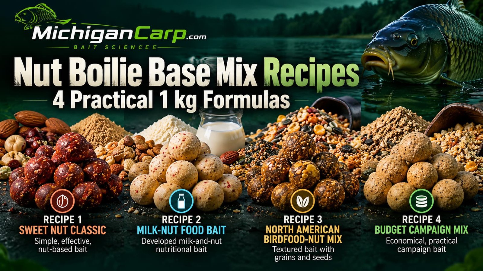 Nut boilie base mix recipes showing four practical 1 kg formulas: sweet nut, milk-nut, birdfood-nut and budget campaign mixes.