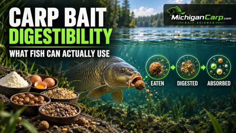 Carp bait digestibility showing a common carp, non-marine ingredients and the stages eaten, digested and absorbed.