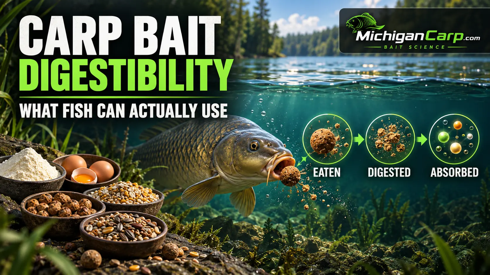 Carp bait digestibility showing a common carp, non-marine ingredients and the stages eaten, digested and absorbed.