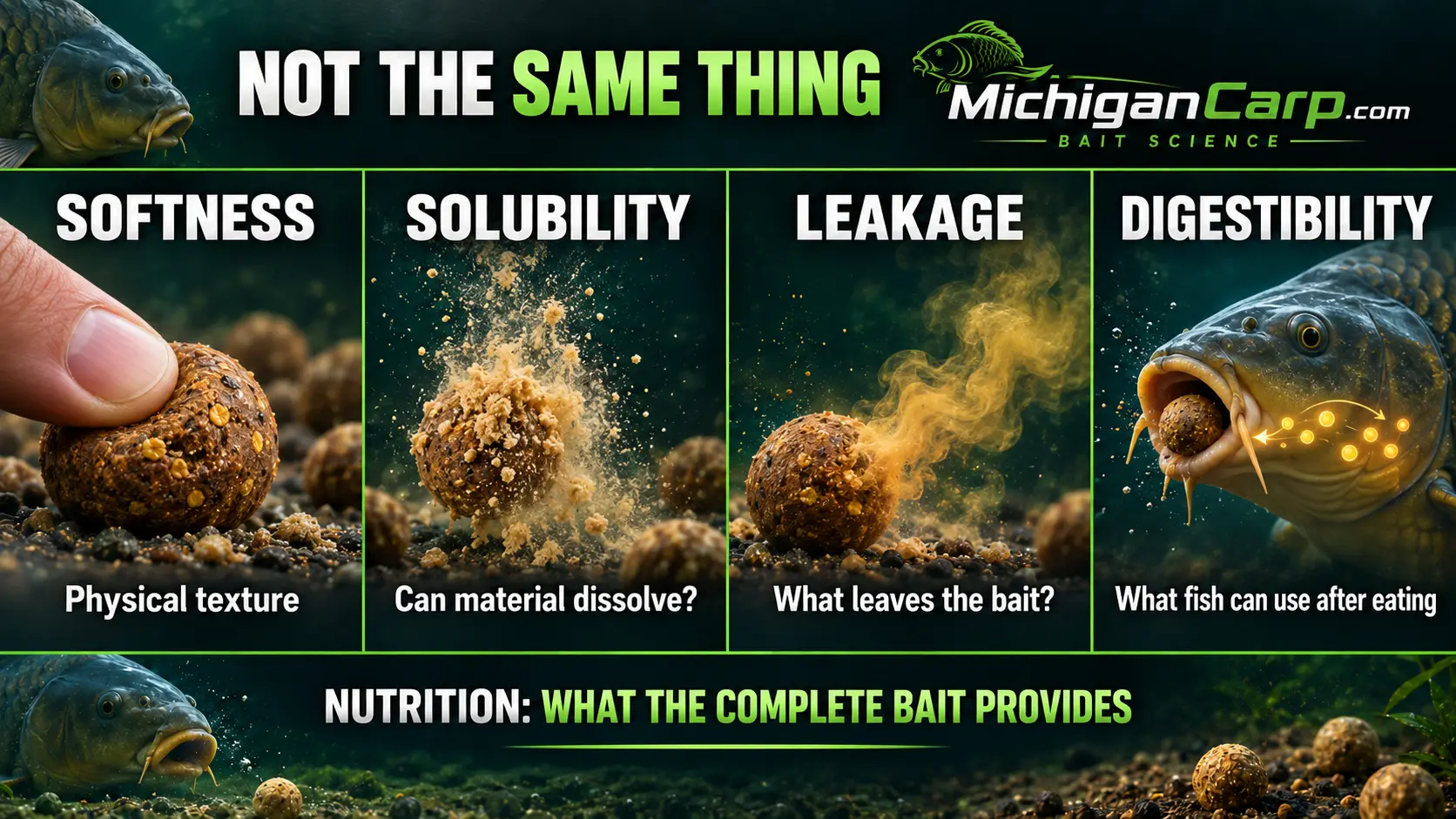 Comparison of bait softness, solubility, leakage and digestibility for common carp.