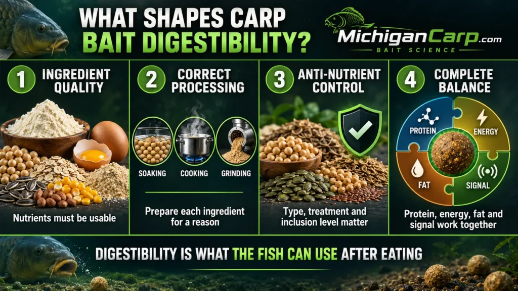 Four factors shaping carp bait digestibility: ingredient quality, correct processing, anti-nutrient control and complete balance.