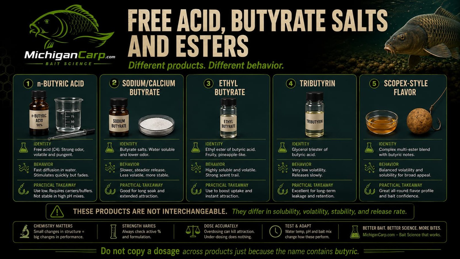 Free acid, butyrate salts and esters comparison showing n-butyric acid, sodium butyrate, ethyl butyrate, tributyrin and Scopex-style flavor.