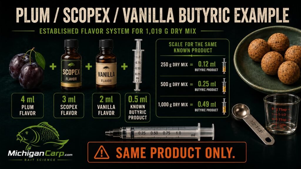 Plum Scopex Vanilla butyric example showing 4 ml plum flavor, 3 ml Scopex flavor, 2 ml vanilla flavor and 0.5 ml known butyric product in a 1019 gram dry mix.