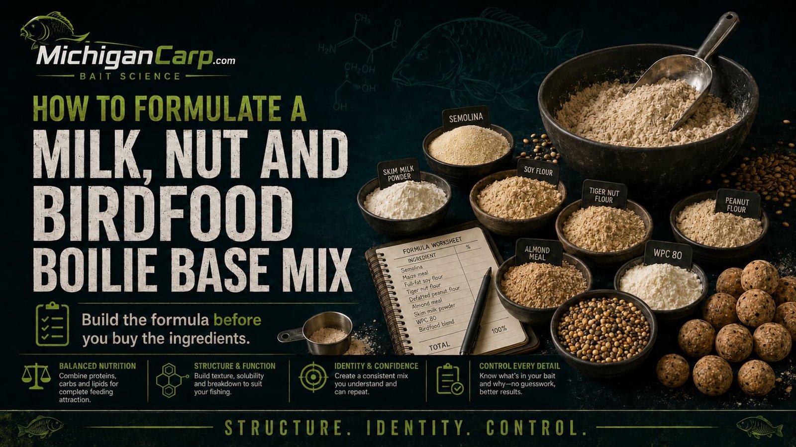 How to formulate a milk nut and birdfood boilie base mix with structural ingredients, nut flours, dairy powders, birdfood, support ingredients and finished boilies.