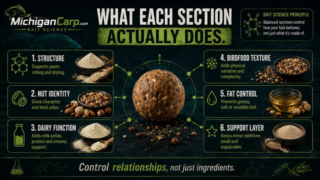 What each section does image:Milk nut and birdfood boilie section guide showing structure, nut identity, dairy function, birdfood texture, fat control and support layer around a finished boilie.