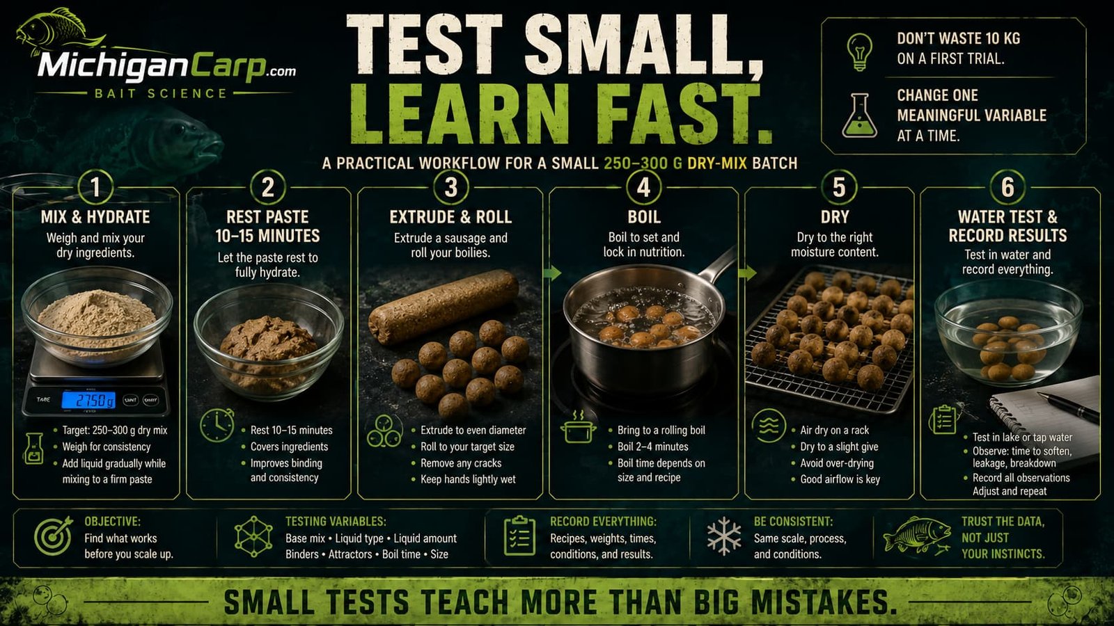 Test small learn fast image:Small boilie test batch workflow showing mixing, paste rest, rolling, boiling, drying, water testing and recording results before scaling up.