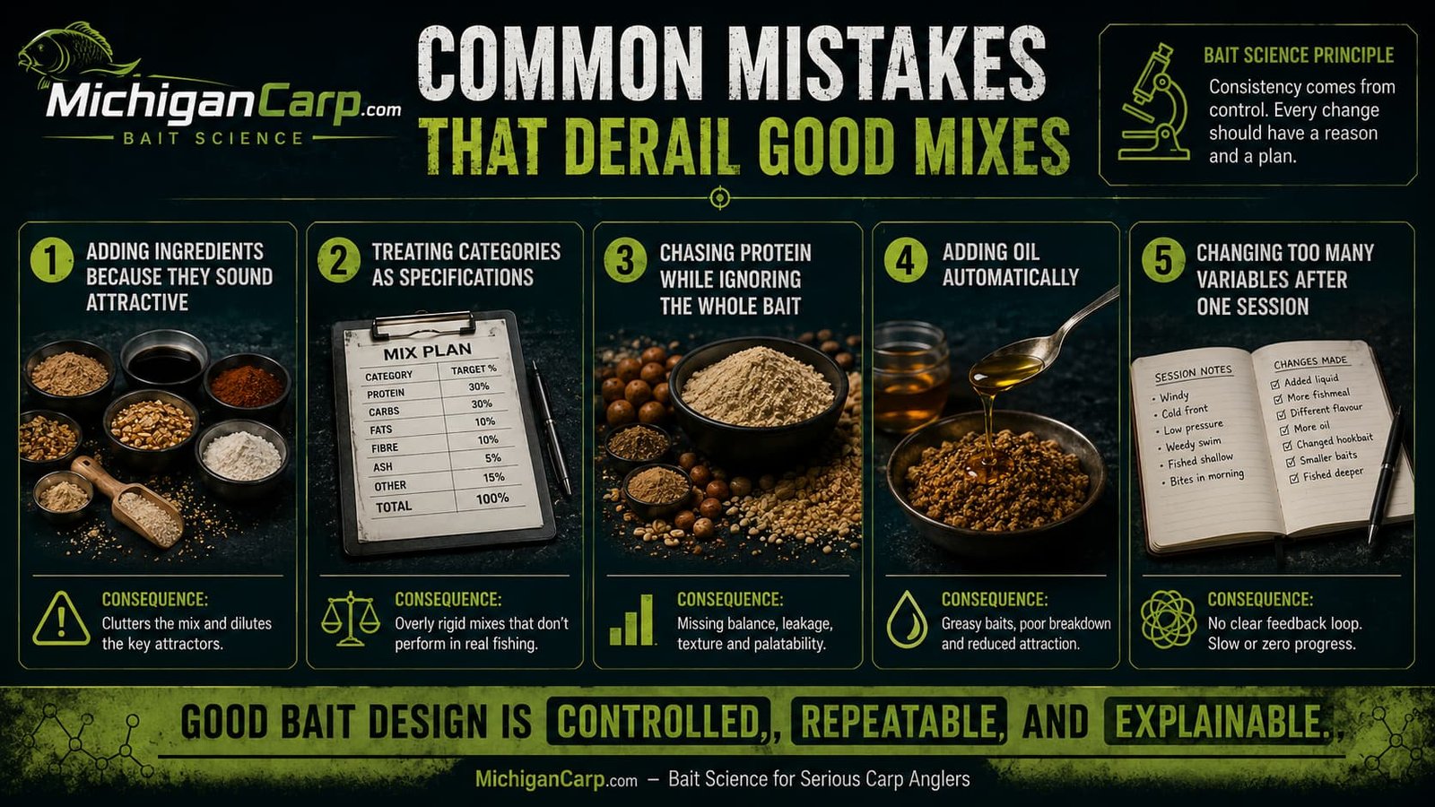 Common mistakes image:Common milk nut and birdfood boilie formulation mistakes showing ingredient stacking, vague categories, protein chasing, excess oil and changing too many variables.