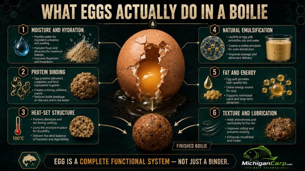 What eggs actually do in a boilie infographic showing moisture, hydration, protein binding, heat-set structure, emulsification, fat, energy, texture and finished boilie formation.