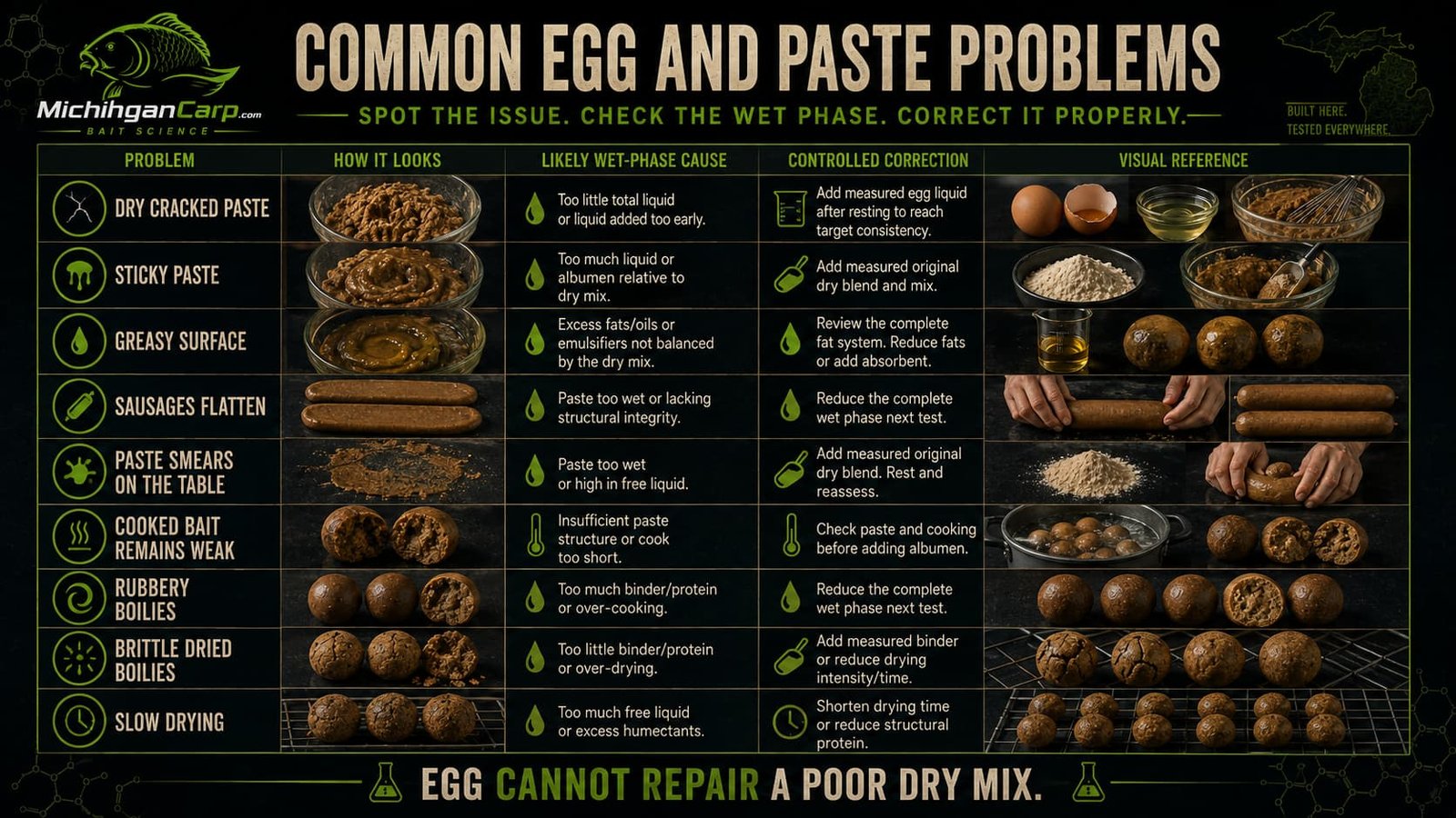 Common egg and boilie paste problems troubleshooting guide showing dry cracked paste, sticky paste, greasy surface, weak bait, rubbery boilies and slow drying.
