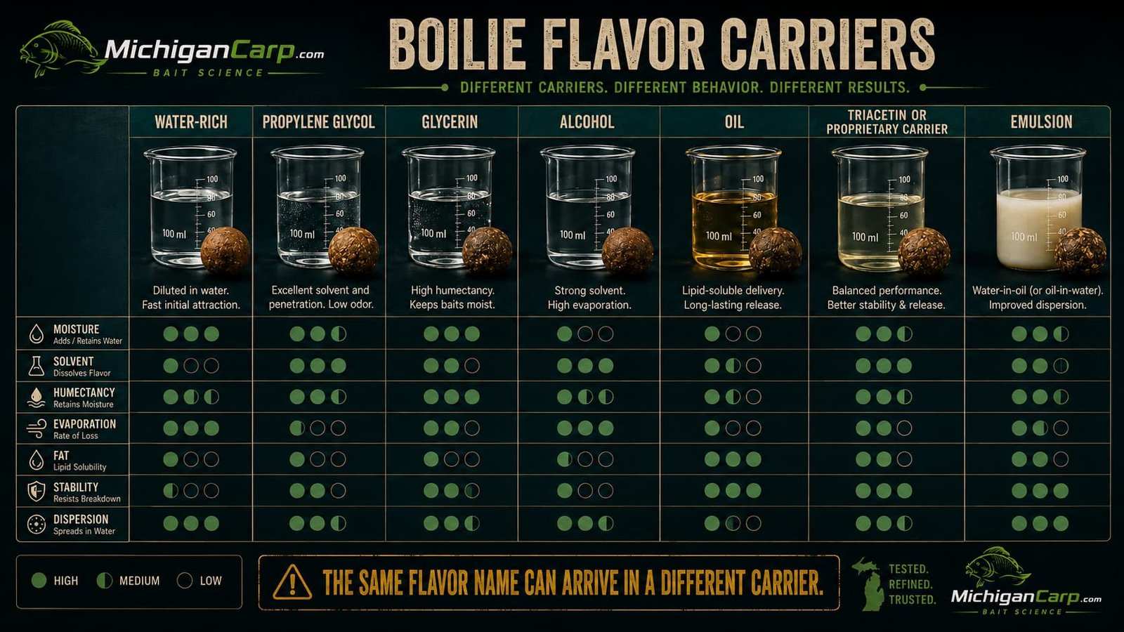 Boilie flavor carriers comparing water propylene glycol glycerin alcohol oil proprietary carriers and emulsions