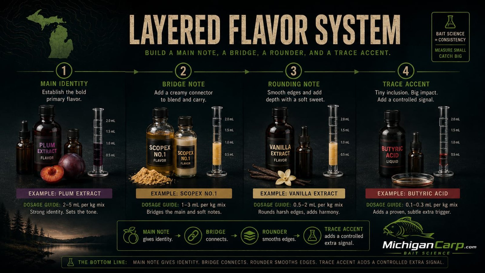 Boilie flavor layering system showing main flavor bridge rounding note and accent over a milk nut and birdfood base mix