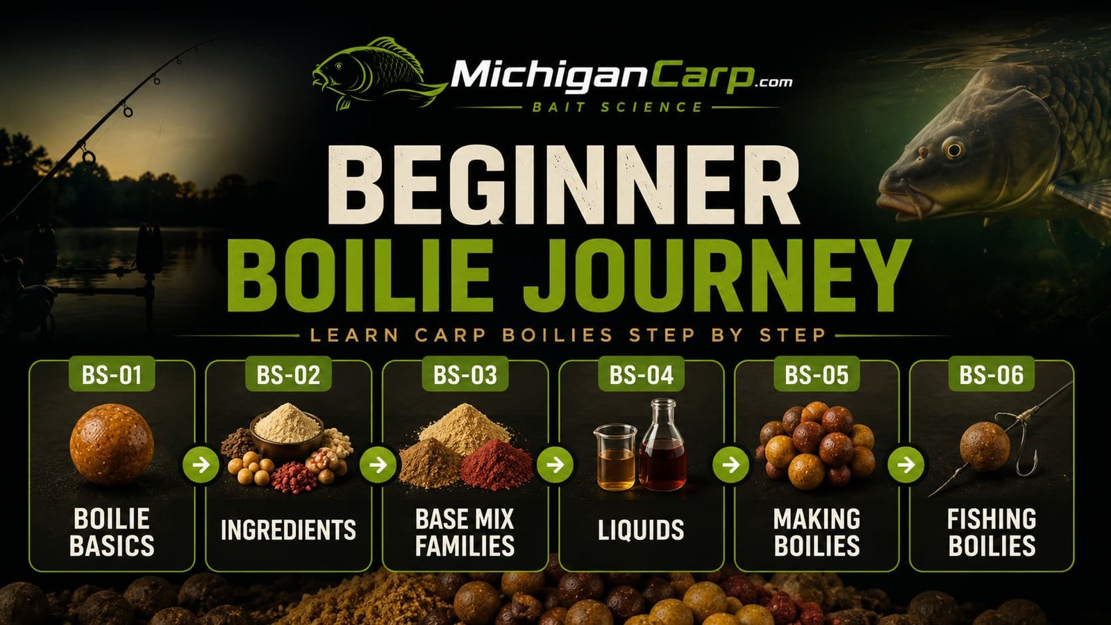 Beginner boilie journey showing the simple route from boilie basics to ingredients, base mix families, liquids, making boilies and fishing boilies for carp.