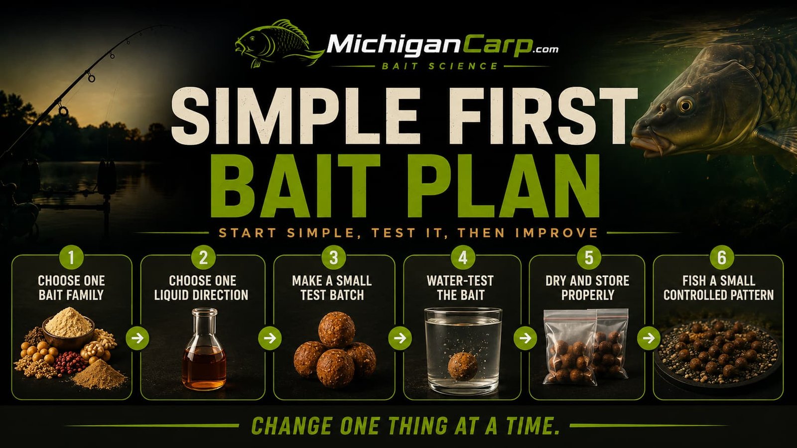 Beginner boilie journey six step route showing BS-01 boilie basics, BS-02 ingredients, BS-03 base mix families, BS-04 liquids, BS-05 making boilies and BS-06 using boilies on the bank.