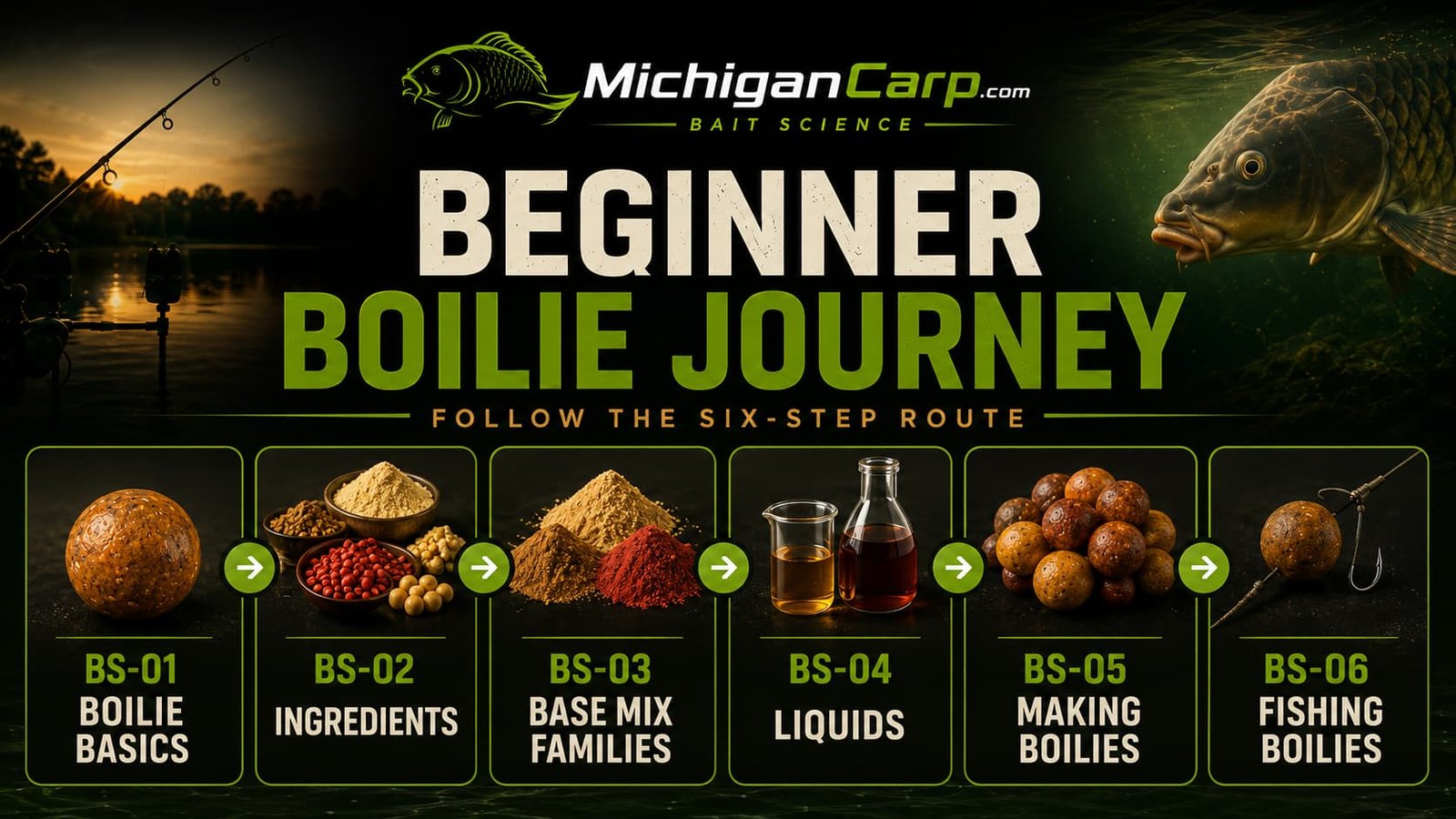Simple first bait plan for beginner boilie making showing one bait family, one liquid direction, small batch, water testing, storage and fishing notes.