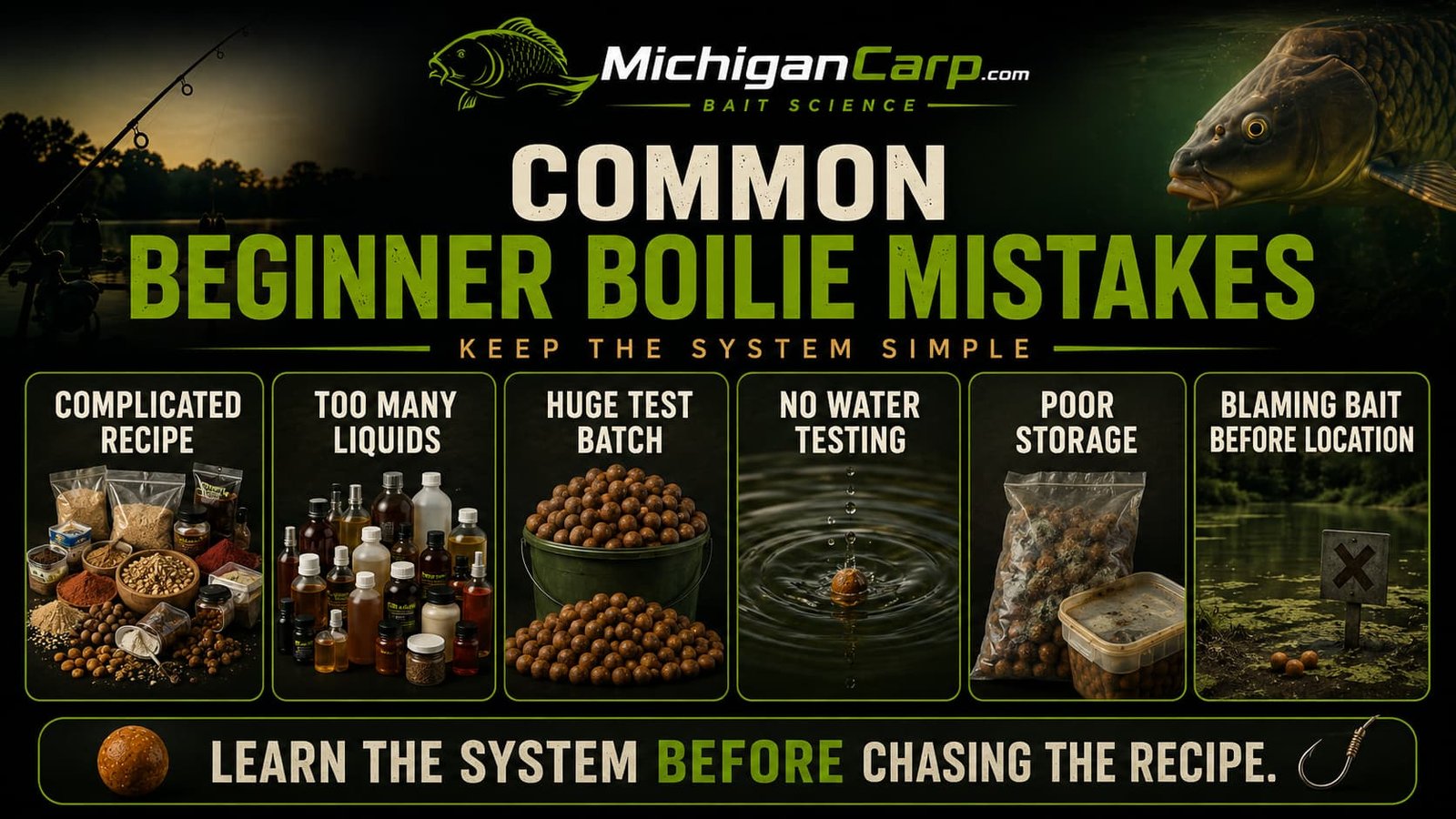 Beginner boilie journey common mistakes showing complicated recipes, too many liquids, overbaiting, skipping water testing, poor storage and blaming bait before location.
