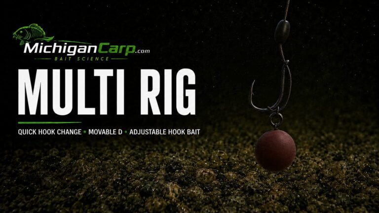 Multi Rig for carp fishing with a pink pop-up, movable D, loop-through-the-eye hook connection and coated hooklink over a gravel lakebed