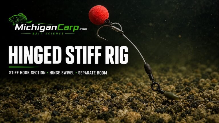 Hinged Stiff Rig for carp fishing with a red pop-up, stiff curved hook section, swivel hinge and separate boom over a gravel lakebed