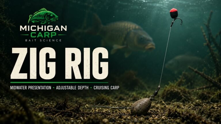 Zig rig for Michigan carp showing a buoyant hookbait suspended in midwater above a lead on the lakebed.