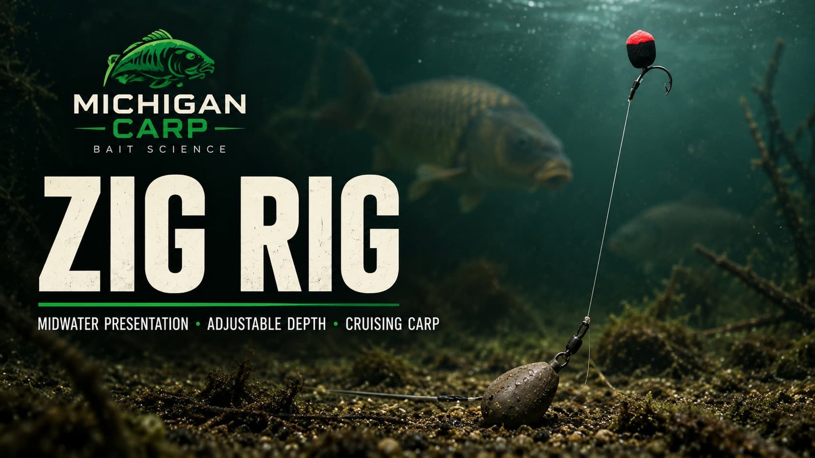 Zig rig for Michigan carp showing a buoyant hookbait suspended in midwater above a lead on the lakebed.