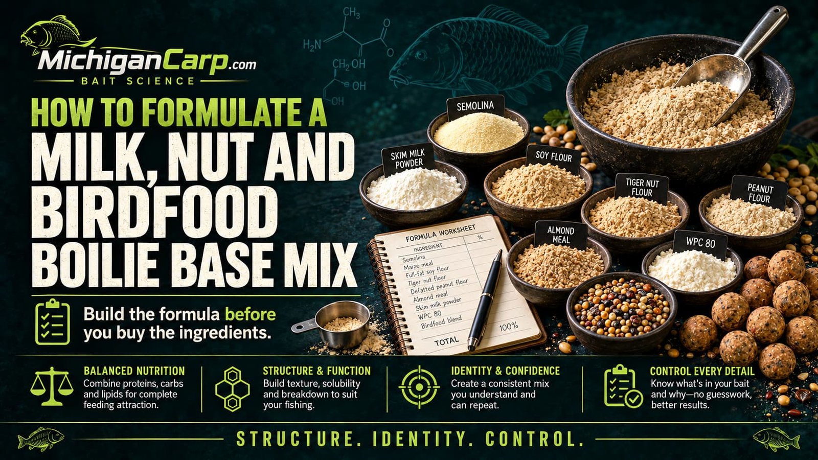 How to formulate a milk nut and birdfood boilie base mix with structural ingredients, nut flours, dairy powders, birdfood, support ingredients and finished boilie