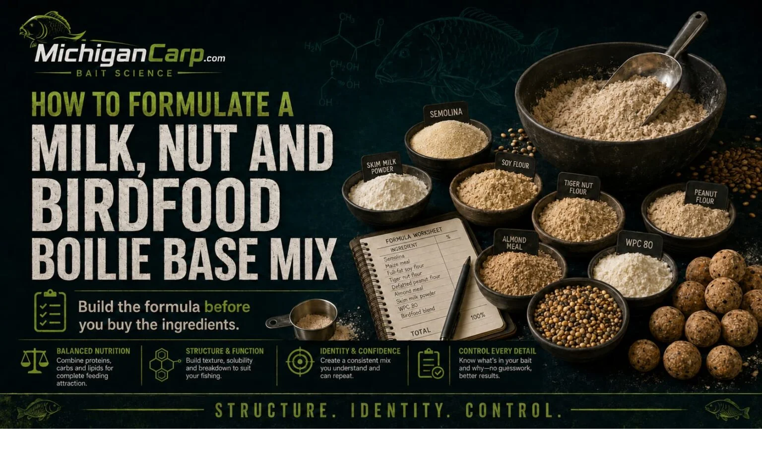 How to formulate a milk nut and birdfood boilie base mix with structural ingredients, nut flours, dairy powders, birdfood, support ingredients and finished boilie