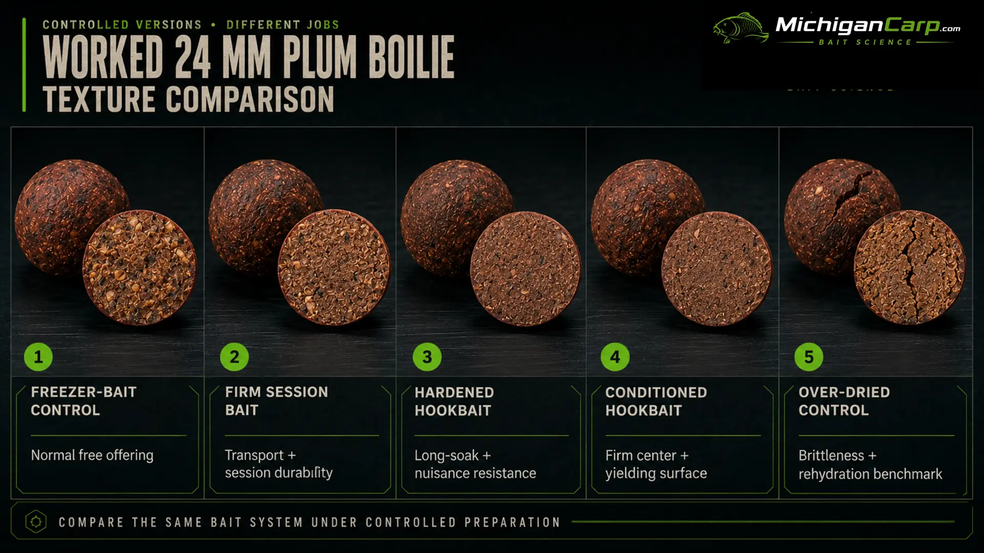 24 mm plum boilie texture comparison of freezer bait firm session bait hardened hookbait conditioned hookbait and over-dried control