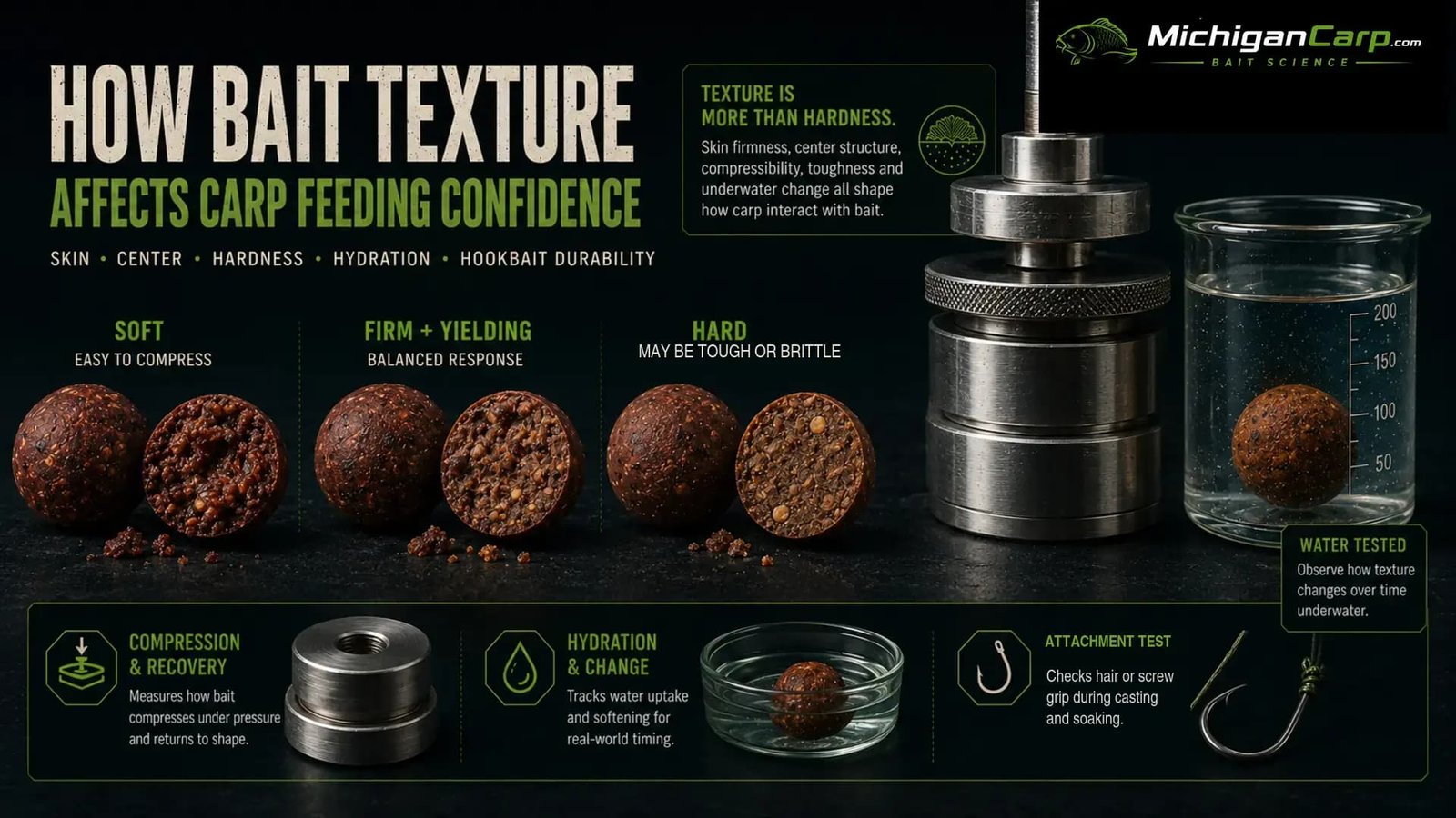 Soft firm and hard boilies showing how bait texture affects carp feeding confidence