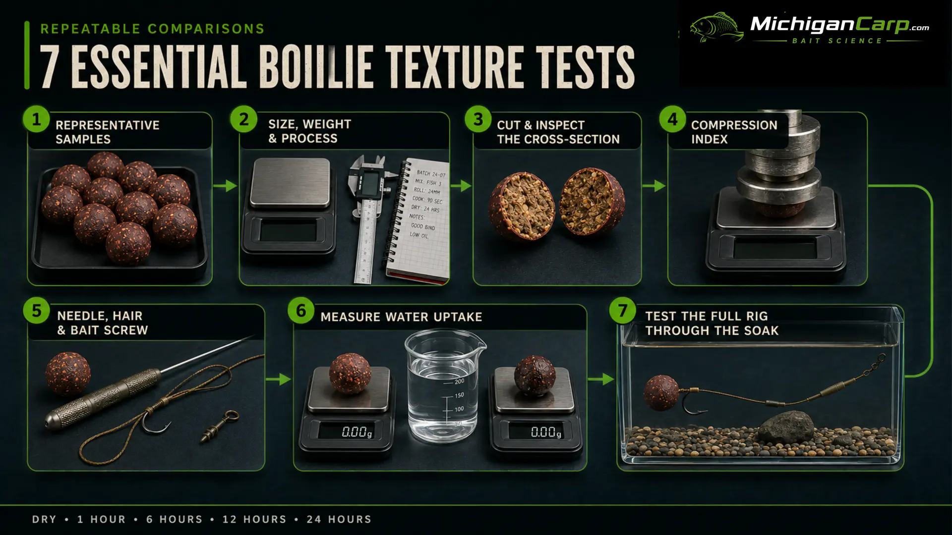Seven boilie texture tests covering samples measurements cross sections compression attachment water uptake and full rig soaking