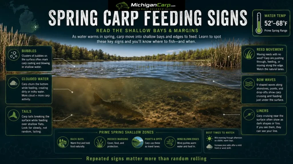 Spring carp feeding signs in Michigan showing bubbles, clouded water, tails, reed movement, bow waves and liners
