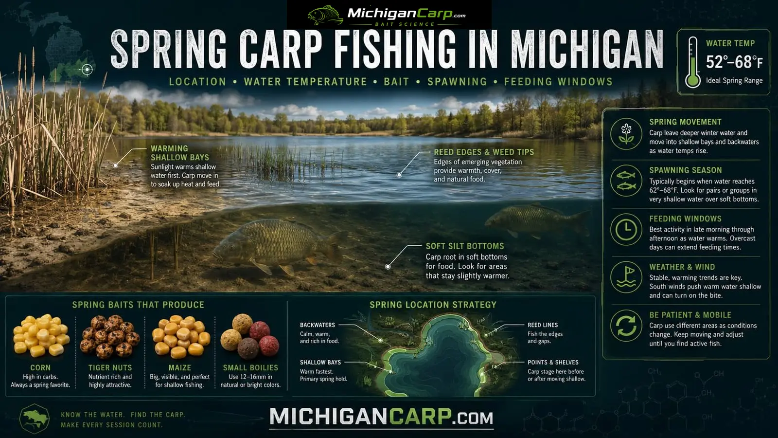 Spring carp fishing in Michigan showing warming shallow bays, reed edges, soft silt, spring bait, spawning stages and carp location strategy