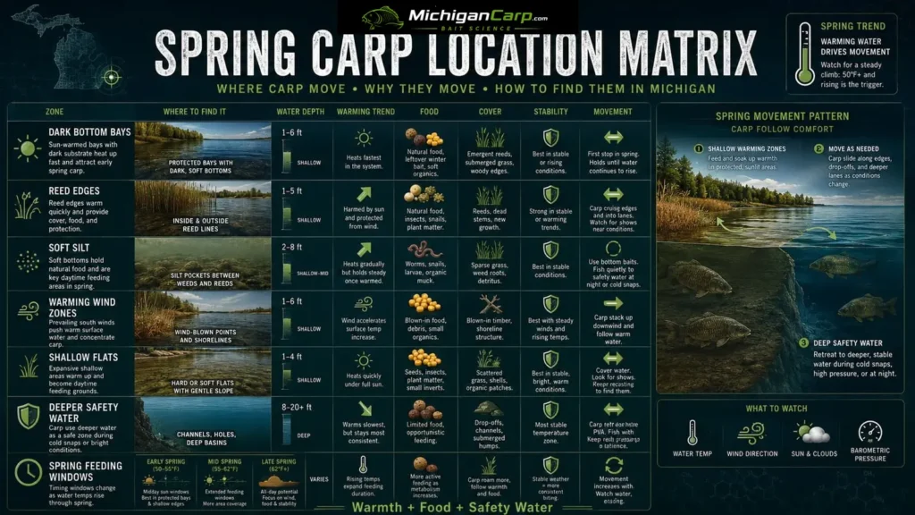 Spring carp location matrix in Michigan showing dark-bottom bays, reed edges, soft silt, warming wind, shallow flats and deeper safety water
