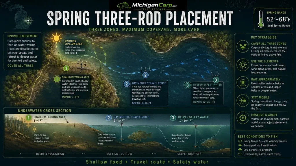 Spring carp three-rod placement guide showing a shallow feeding area, bay-mouth travel route, deeper safety water, reeds and soft silt
