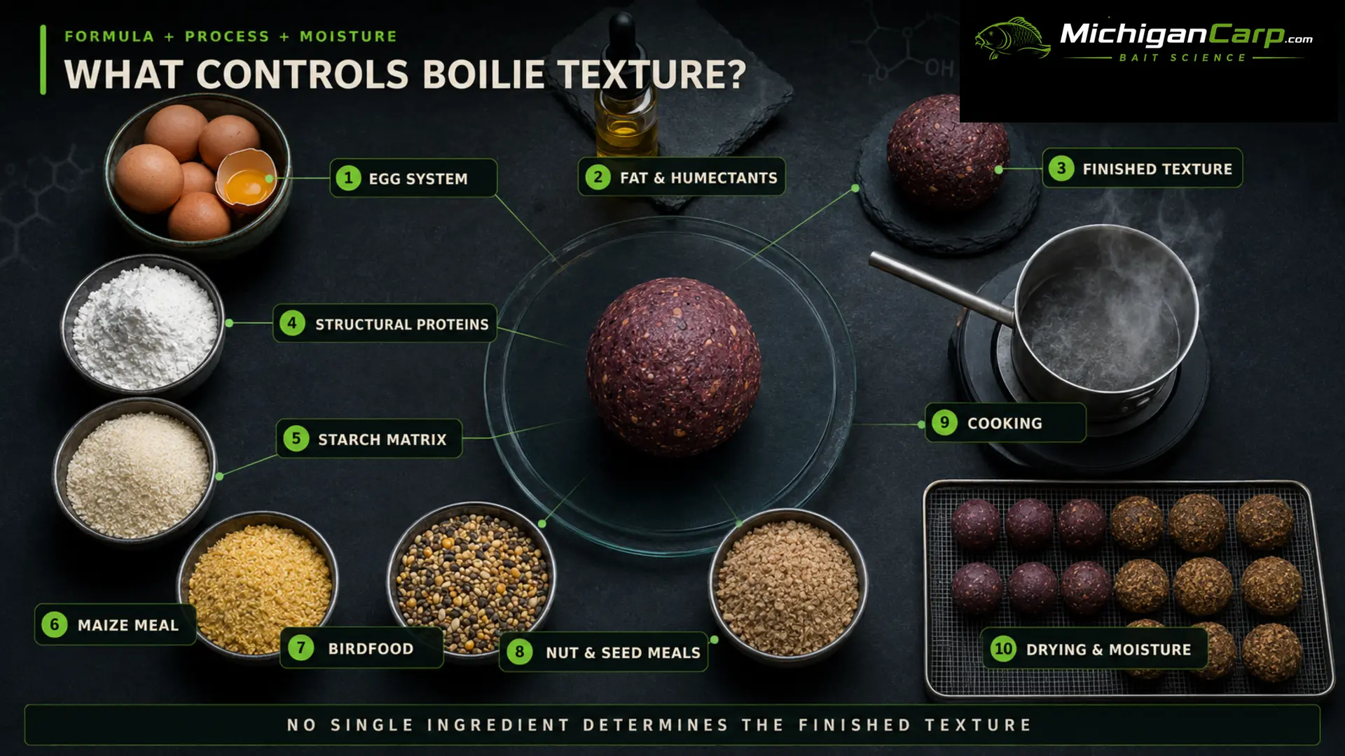 What controls boilie texture including eggs proteins starch birdfood nut meals fat cooking drying and moisture