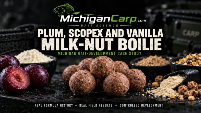 Plum Scopex Vanilla milk-nut boilies with milk powders, tiger nut flour, birdfood and Michigan carp case-study styling