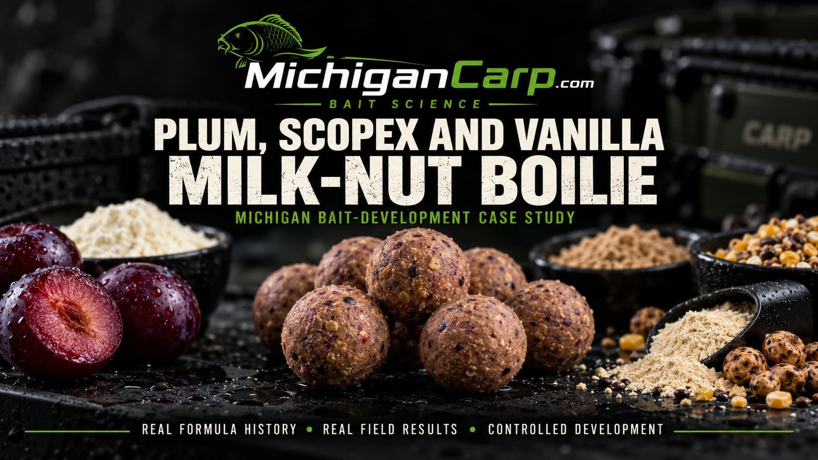 Plum Scopex Vanilla milk-nut boilies with milk powders, tiger nut flour, birdfood and Michigan carp case-study styling